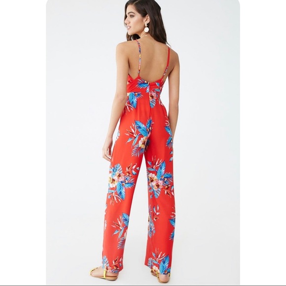 New Red Floral Cutout Jumpsuit - Picture 3 of 3